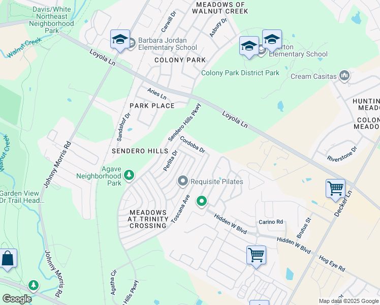 map of restaurants, bars, coffee shops, grocery stores, and more near 6345 Florencia Lane in Austin