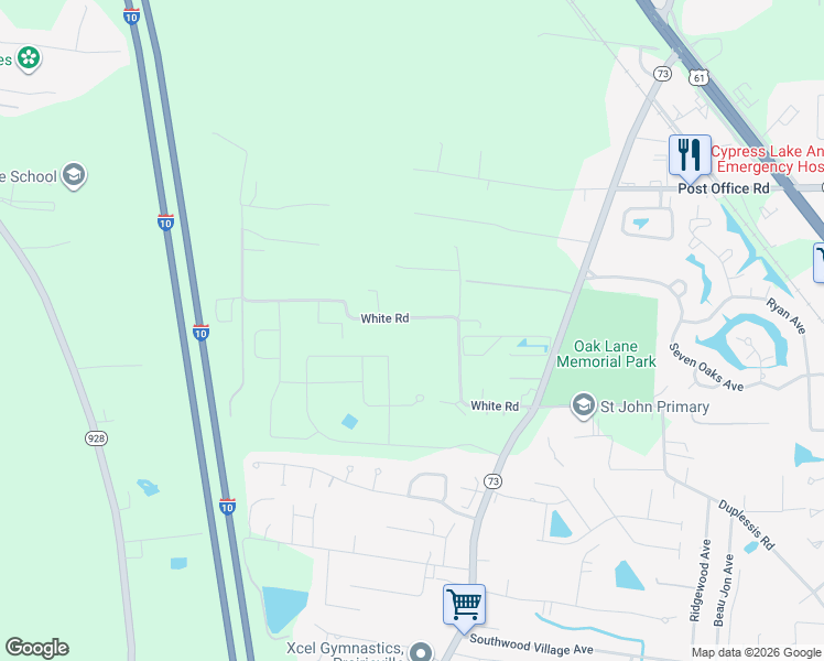map of restaurants, bars, coffee shops, grocery stores, and more near 37363 White Road in Prairieville