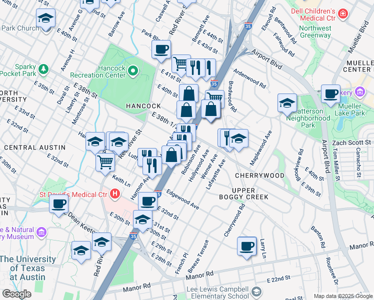 map of restaurants, bars, coffee shops, grocery stores, and more near 3701 North Interstate Highway 35 in Austin