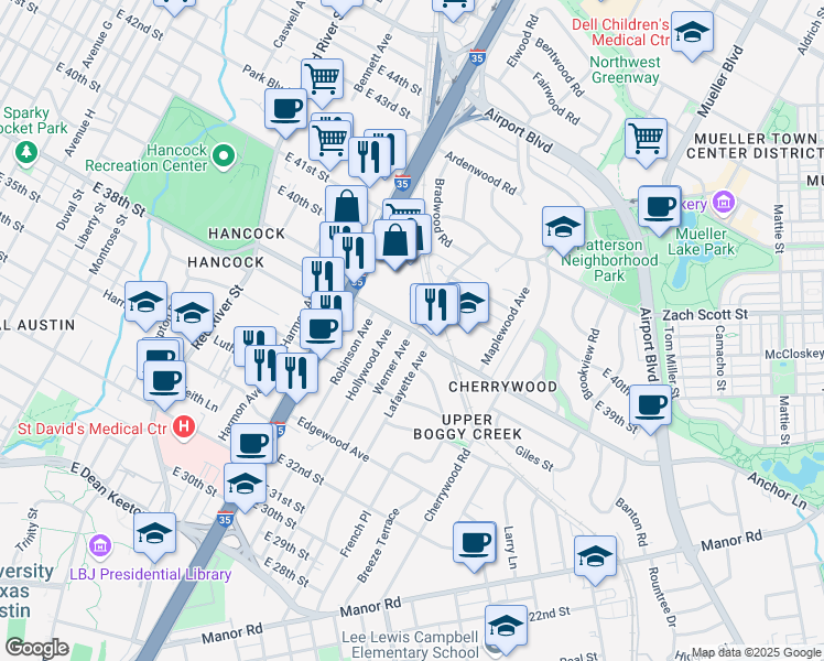 map of restaurants, bars, coffee shops, grocery stores, and more near East 38th 1/2 Street in Austin