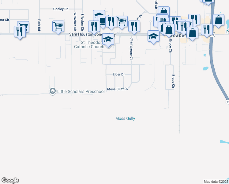 map of restaurants, bars, coffee shops, grocery stores, and more near 554 Moss Bluff Drive in Lake Charles