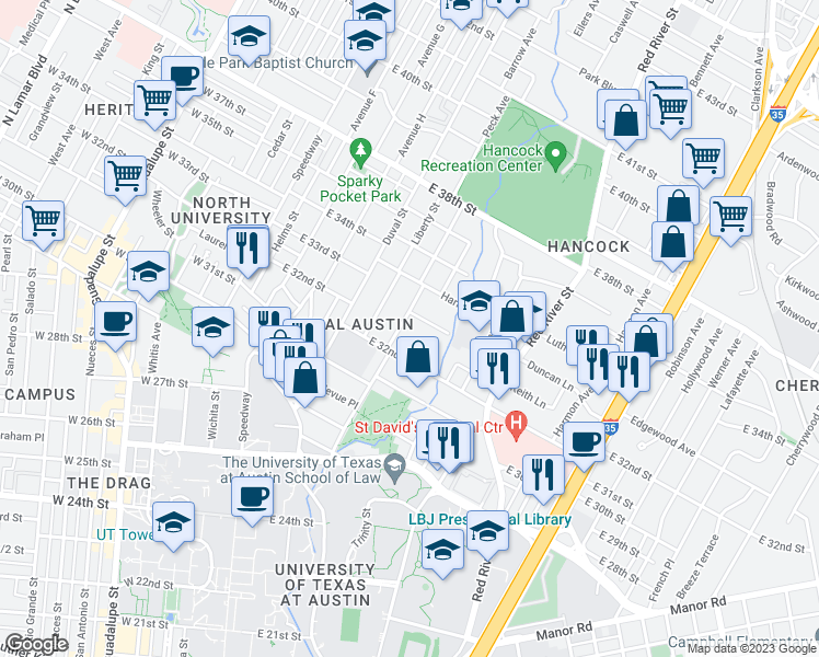 map of restaurants, bars, coffee shops, grocery stores, and more near 708 Landon Lane in Austin