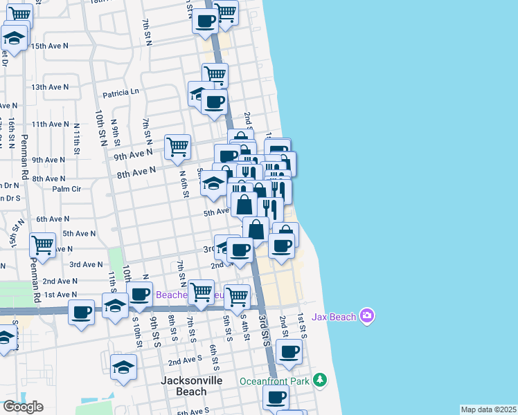 map of restaurants, bars, coffee shops, grocery stores, and more near 133b 5th Avenue North in Jacksonville Beach