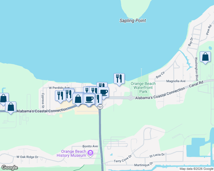 map of restaurants, bars, coffee shops, grocery stores, and more near Juniper Street in Orange Beach