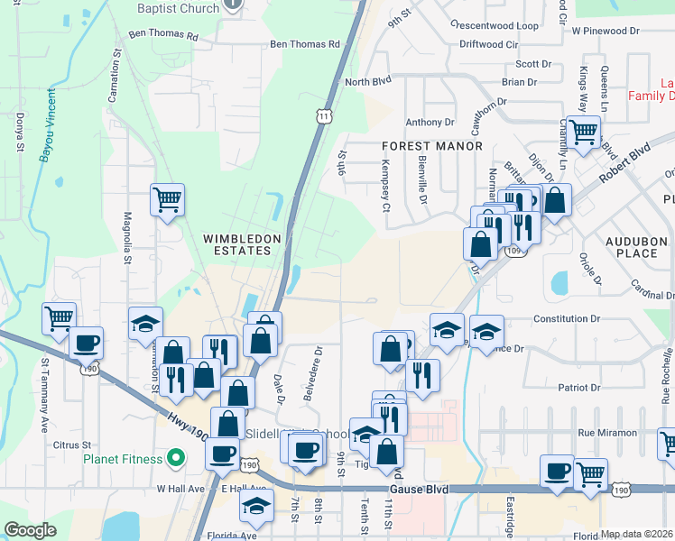 map of restaurants, bars, coffee shops, grocery stores, and more near 300 Alan Circle in Slidell