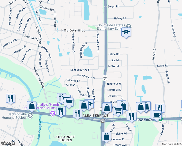map of restaurants, bars, coffee shops, grocery stores, and more near 8964 Sandusky Avenue East in Jacksonville