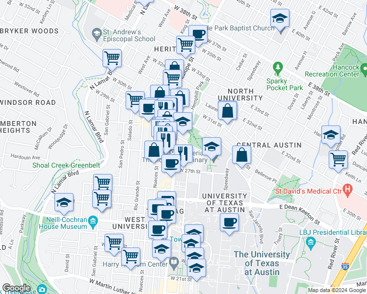 map of restaurants, bars, coffee shops, grocery stores, and more near 2804 Whitis Ave in Austin