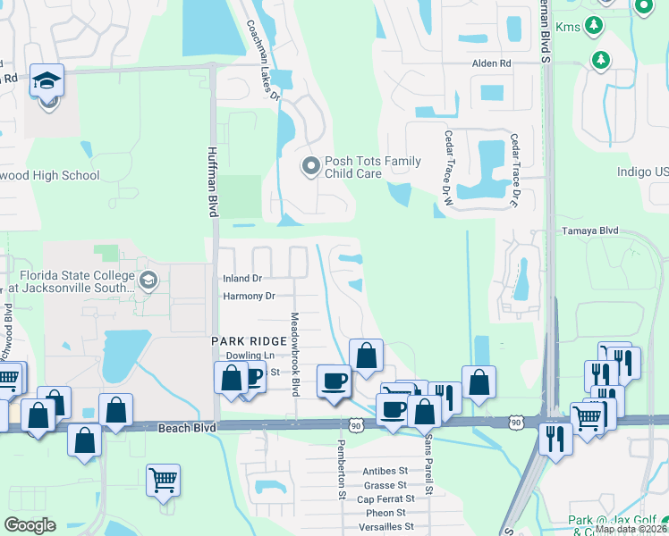 map of restaurants, bars, coffee shops, grocery stores, and more near 2869 Sans Pareil Street in Jacksonville