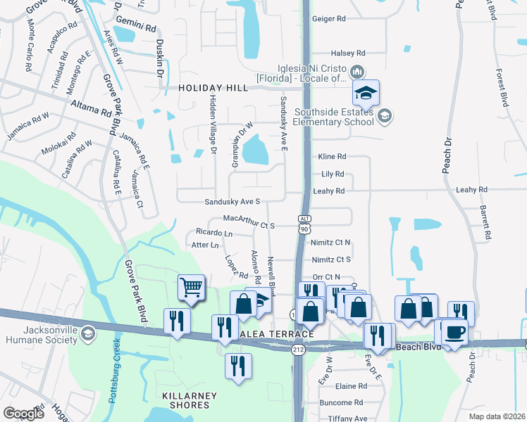 map of restaurants, bars, coffee shops, grocery stores, and more near 8964 Sandusky Avenue East in Jacksonville