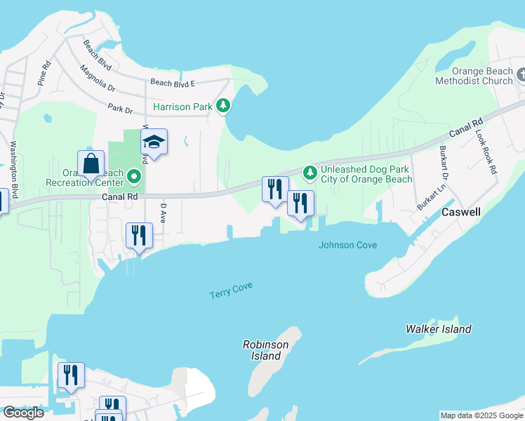 map of restaurants, bars, coffee shops, grocery stores, and more near 27780 Canal Road in Orange Beach
