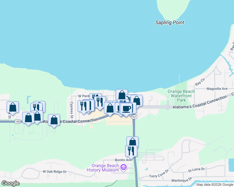 map of restaurants, bars, coffee shops, grocery stores, and more near 25907 West Perdido Avenue in Orange Beach