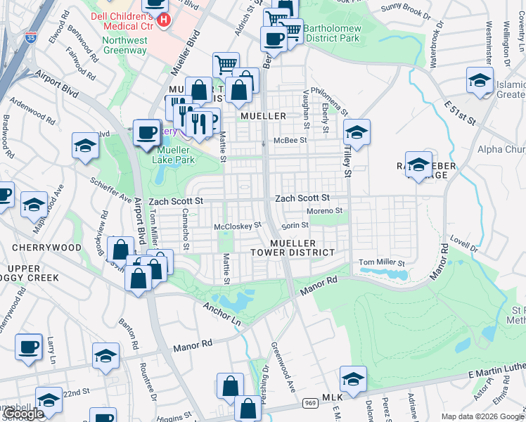 map of restaurants, bars, coffee shops, grocery stores, and more near 4137 Threadgill Street in Austin