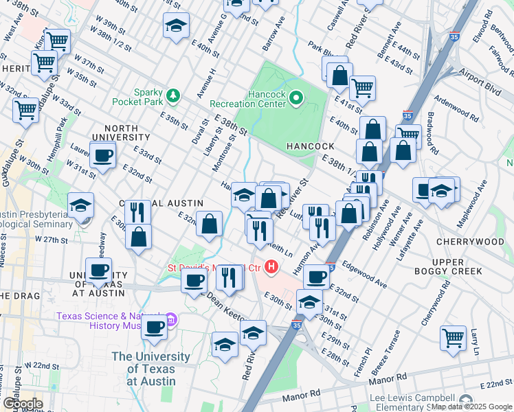 map of restaurants, bars, coffee shops, grocery stores, and more near 818 Harris Avenue in Austin