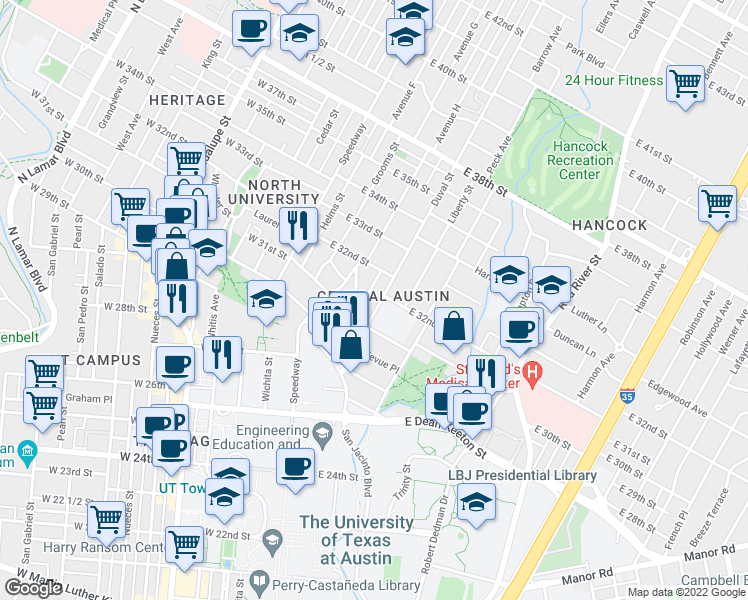 map of restaurants, bars, coffee shops, grocery stores, and more near 3111 Tom Green Street in Austin