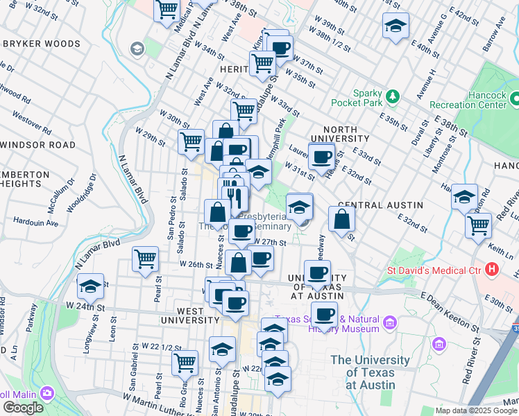 map of restaurants, bars, coffee shops, grocery stores, and more near 2808 Whitis Avenue in Austin