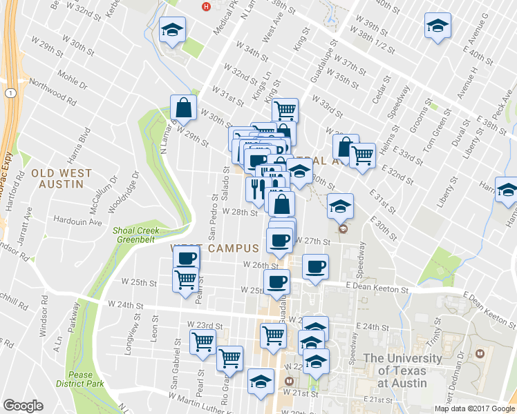 map of restaurants, bars, coffee shops, grocery stores, and more near 2806 Nueces Street in Austin