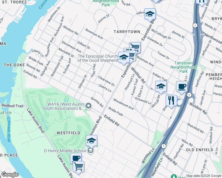 map of restaurants, bars, coffee shops, grocery stores, and more near 2804 Cherry Lane in Austin