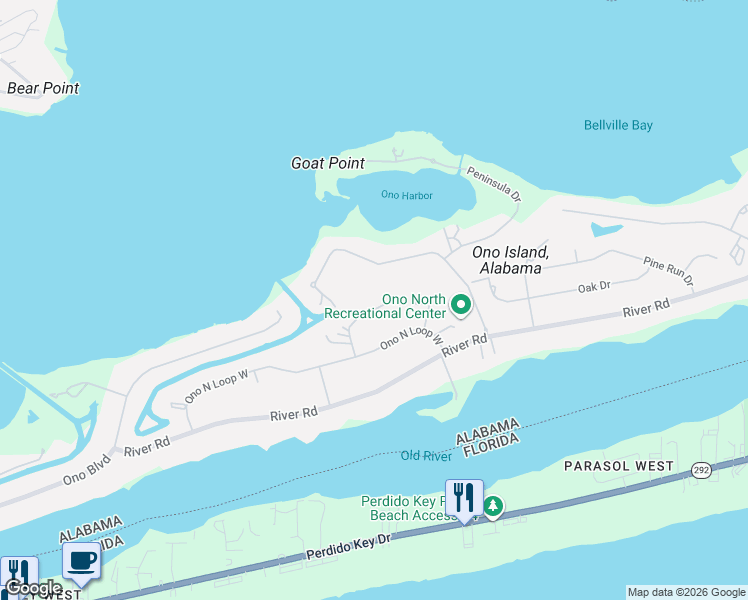 map of restaurants, bars, coffee shops, grocery stores, and more near 4645 Bayou Court in Orange Beach