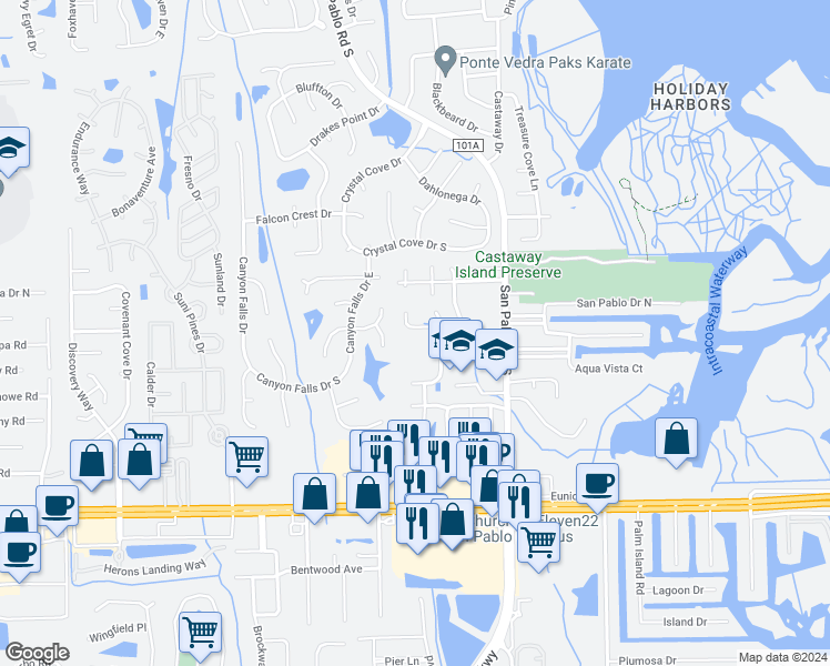 map of restaurants, bars, coffee shops, grocery stores, and more near 14272 Satinwood Drive in Jacksonville