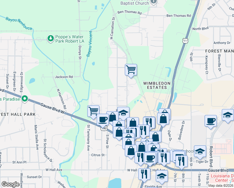 map of restaurants, bars, coffee shops, grocery stores, and more near 643 North Magnolia Street in Slidell