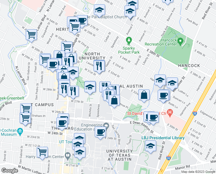 map of restaurants, bars, coffee shops, grocery stores, and more near 3011 Speedway in Austin
