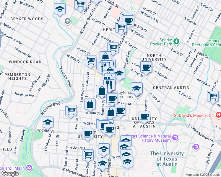 map of restaurants, bars, coffee shops, grocery stores, and more near 2801 Guadalupe Street in Austin