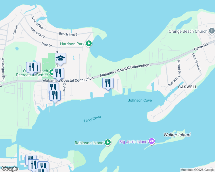 map of restaurants, bars, coffee shops, grocery stores, and more near 27780 Canal Rd in Orange Beach