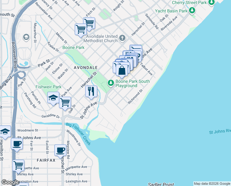 map of restaurants, bars, coffee shops, grocery stores, and more near in Jacksonville