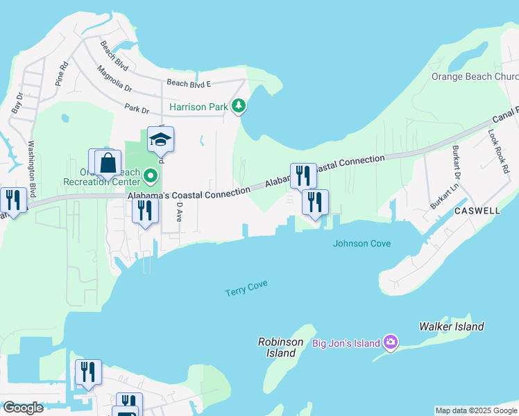 map of restaurants, bars, coffee shops, grocery stores, and more near Main Drive in Orange Beach