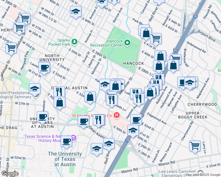 map of restaurants, bars, coffee shops, grocery stores, and more near 3308 Hampton Road in Austin