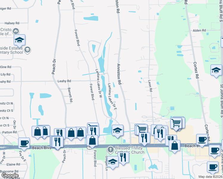 map of restaurants, bars, coffee shops, grocery stores, and more near 10535 Broomsedge Court in Jacksonville