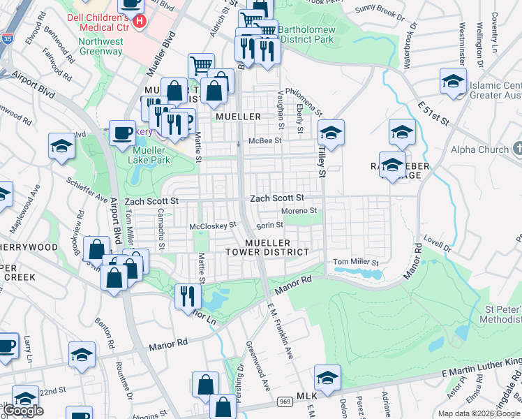 map of restaurants, bars, coffee shops, grocery stores, and more near 4206 Nitschke Street in Austin