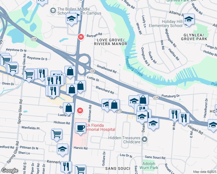 map of restaurants, bars, coffee shops, grocery stores, and more near 1523 Pullen Road in Jacksonville