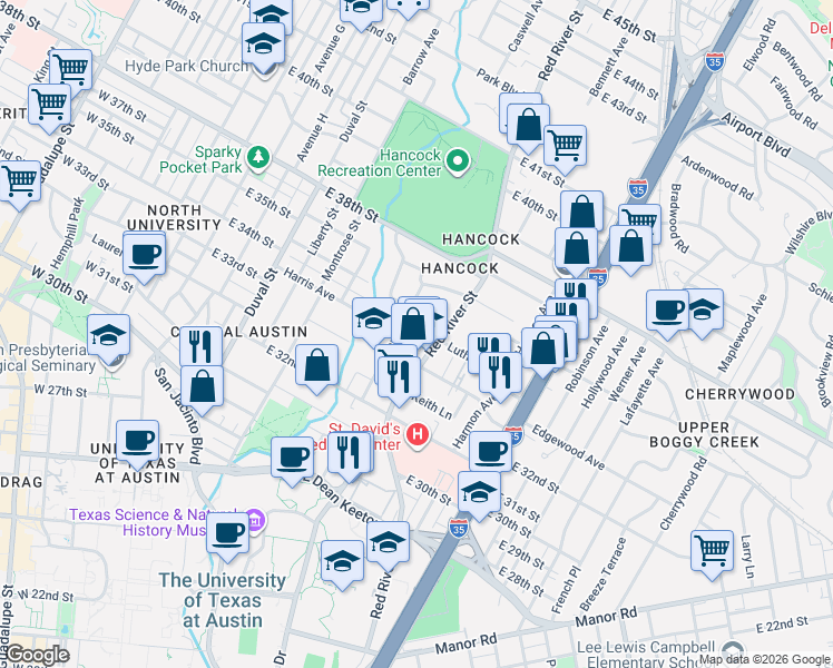 map of restaurants, bars, coffee shops, grocery stores, and more near 818 Harris Avenue in Austin