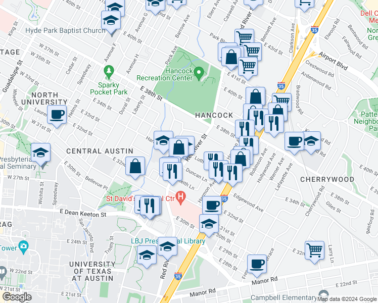 map of restaurants, bars, coffee shops, grocery stores, and more near 3406 Red River Street in Austin