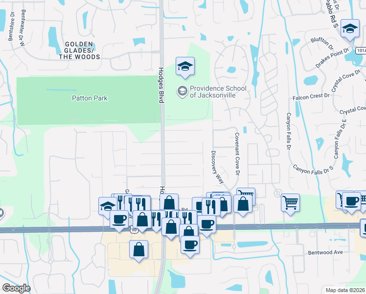 map of restaurants, bars, coffee shops, grocery stores, and more near 13718 Cheyne Road in Jacksonville
