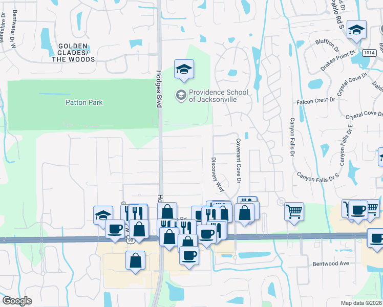 map of restaurants, bars, coffee shops, grocery stores, and more near 13747 Macapa Road in Jacksonville