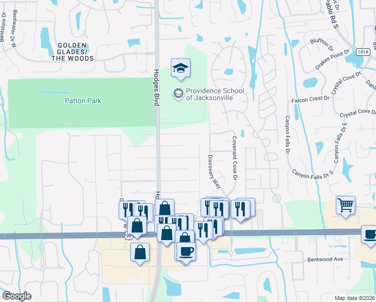 map of restaurants, bars, coffee shops, grocery stores, and more near 13747 Macapa Road in Jacksonville