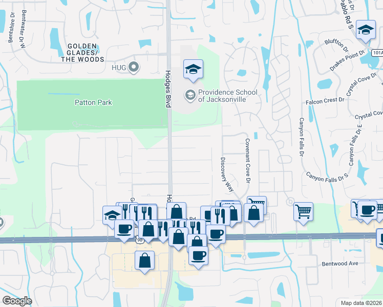 map of restaurants, bars, coffee shops, grocery stores, and more near 13718 Cheyne Road in Jacksonville