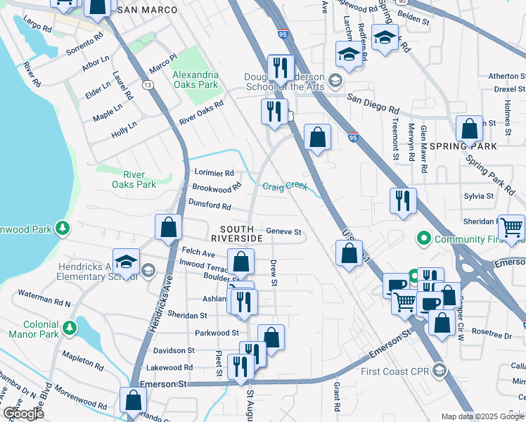 map of restaurants, bars, coffee shops, grocery stores, and more near 2003 Dunsford Terrace in Jacksonville
