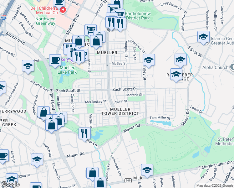 map of restaurants, bars, coffee shops, grocery stores, and more near 4206 Nitschke Street in Austin