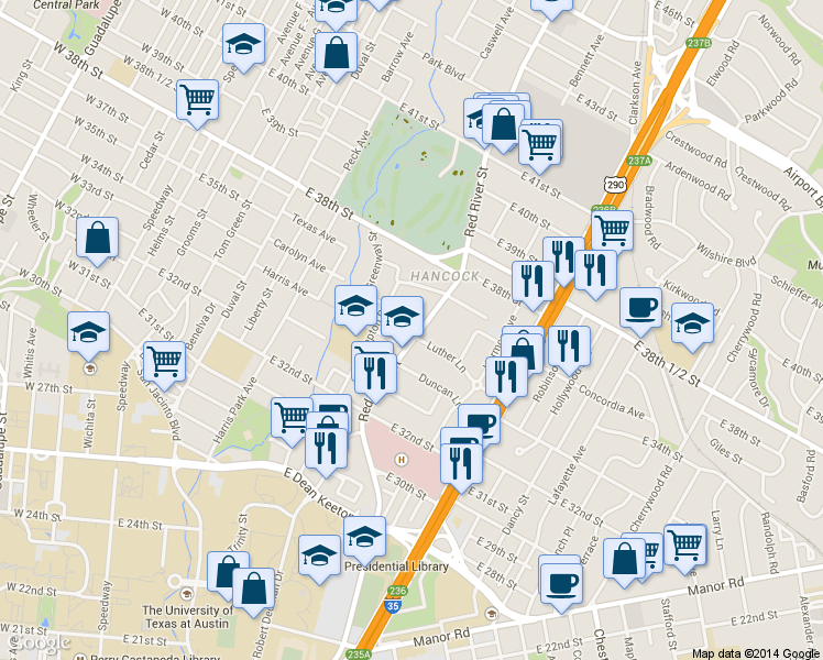 map of restaurants, bars, coffee shops, grocery stores, and more near 3412 Red River Street in Austin