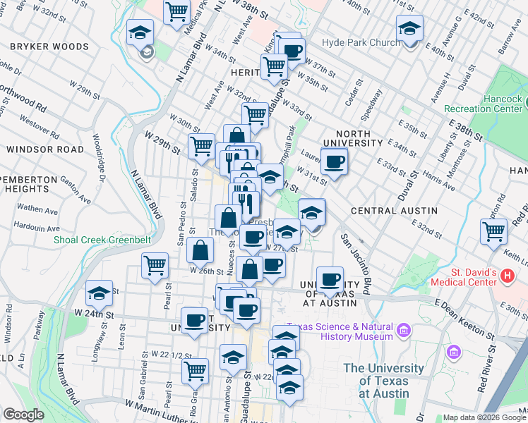 map of restaurants, bars, coffee shops, grocery stores, and more near 2801 Guadalupe Street in Austin