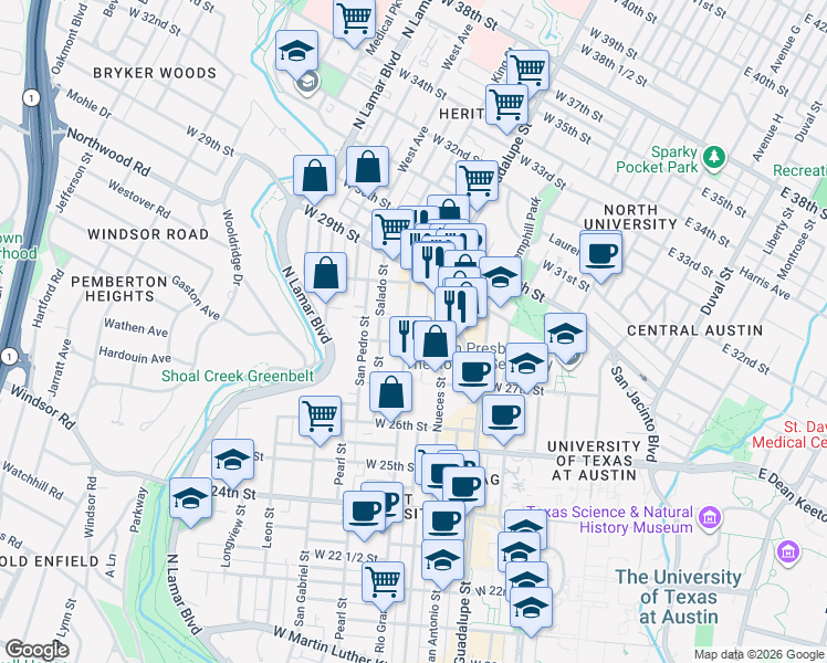 map of restaurants, bars, coffee shops, grocery stores, and more near 2804 Rio Grande Street in Austin