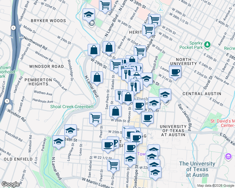map of restaurants, bars, coffee shops, grocery stores, and more near 2804 Rio Grande Street in Austin