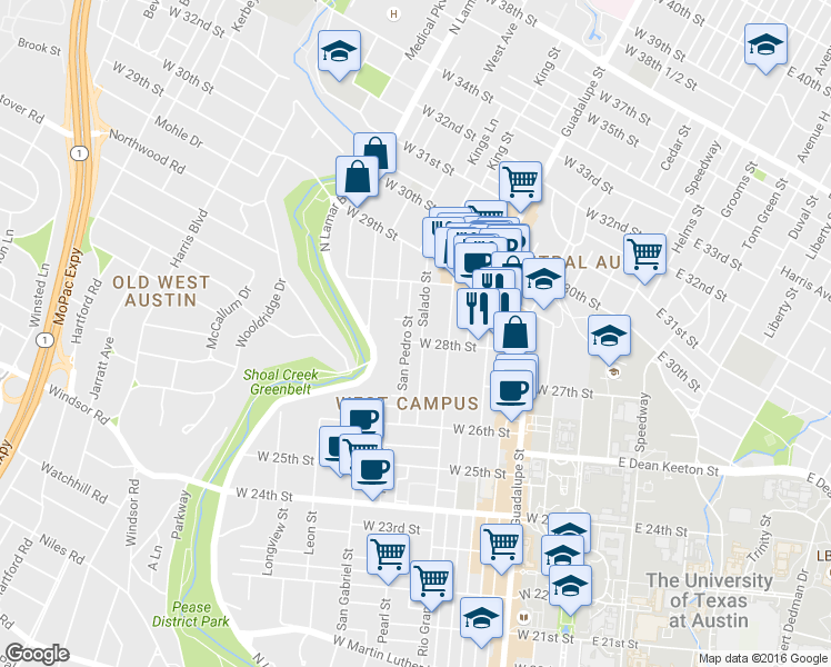 map of restaurants, bars, coffee shops, grocery stores, and more near 2806 San Pedro Street in Austin