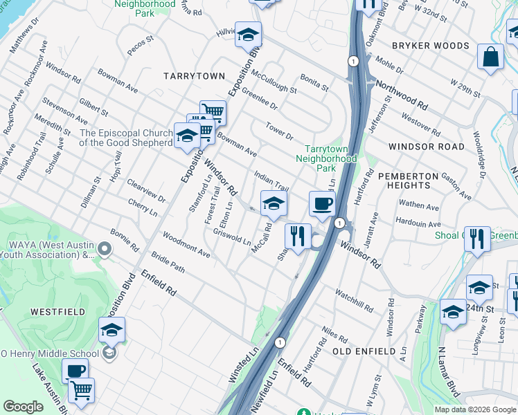 map of restaurants, bars, coffee shops, grocery stores, and more near in Austin