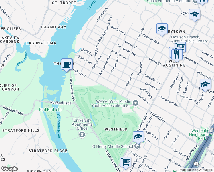 map of restaurants, bars, coffee shops, grocery stores, and more near 3402A Enfield Road in Austin