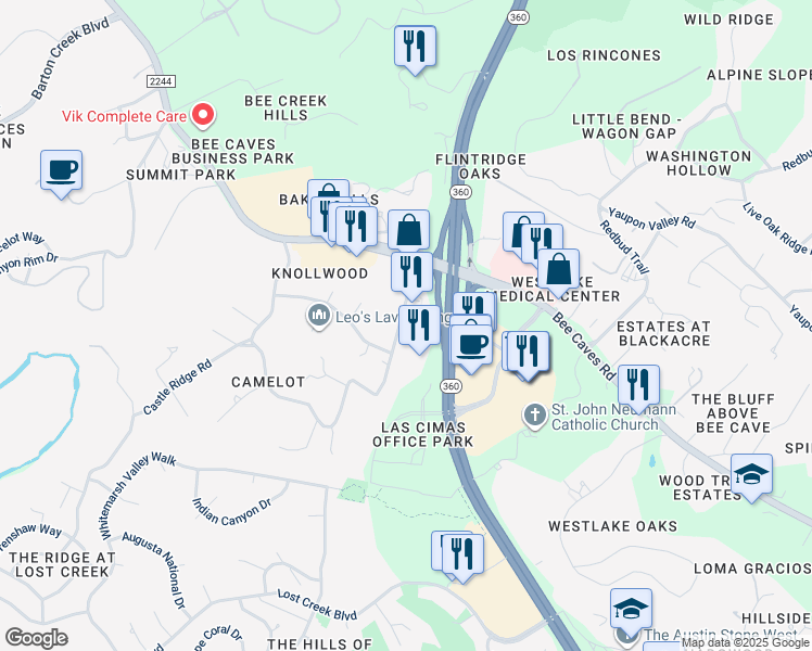 map of restaurants, bars, coffee shops, grocery stores, and more near 705 Castle Ridge Road in Austin