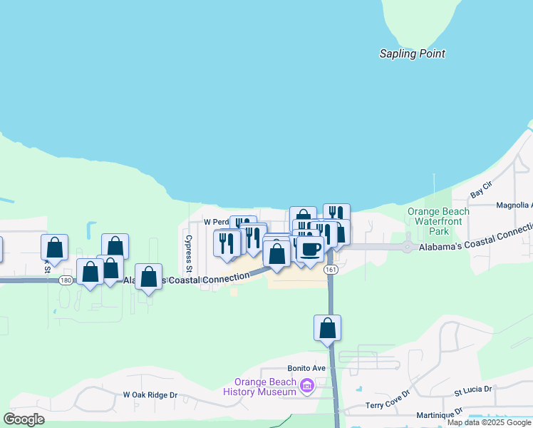 map of restaurants, bars, coffee shops, grocery stores, and more near 25777 West Perdido Avenue in Orange Beach